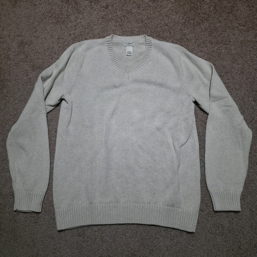 LL‎ Bean Sweater Mens Large Tall Long Sleeve V Neck Gray Beige Cotton Pullover
